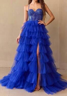 NEW AMELIA COUTURE ruffled long prom ball gown in royal blue